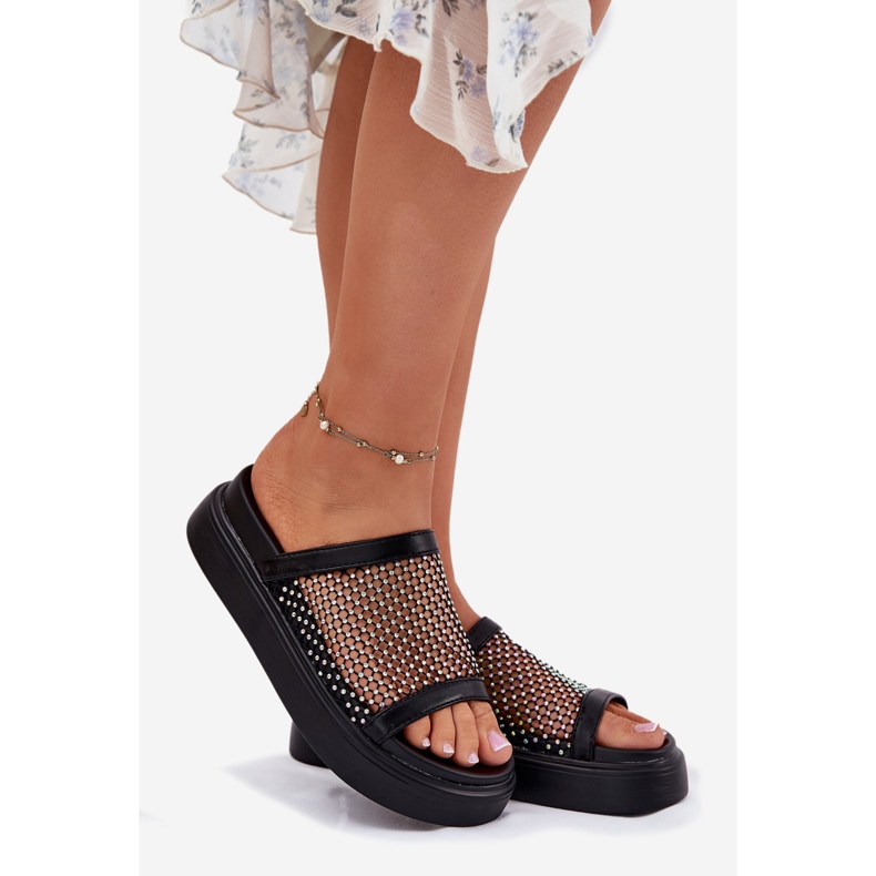 S.Barski Les tongs pour femmes décorés sur la plate-forme avec Mesh S. Barski My51-016 Black noir 1