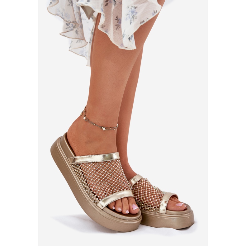 S.Barski Les tongs pour femmes décorés sur la plate-forme avec Mesh S. Barski My51-016 Złote doré 1