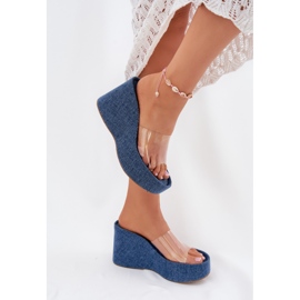 Cales féminines avec un coin avec une ceinture en jean transparente bleu 3