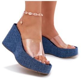 Cales féminines avec un coin avec une ceinture en jean transparente bleu 7