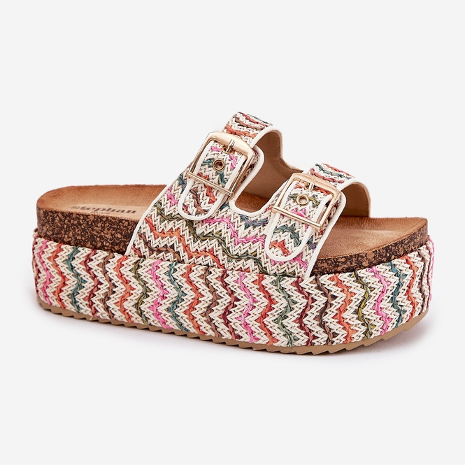 Slippers pour femmes sur une plate-forme massive avec des boucles de tresse et multicolore blanc 1