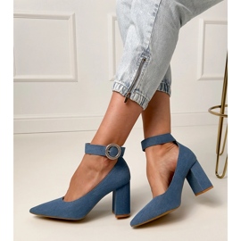 Pumps en denim sur le poteau avec la boucle et les zircons bleu 2 Pumps en denim sur le poteau avec la boucle et les zircons bleu 2