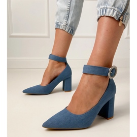 Pumps en denim sur le poteau avec la boucle et les zircons bleu 1 Pumps en denim sur le poteau avec la boucle et les zircons bleu 1