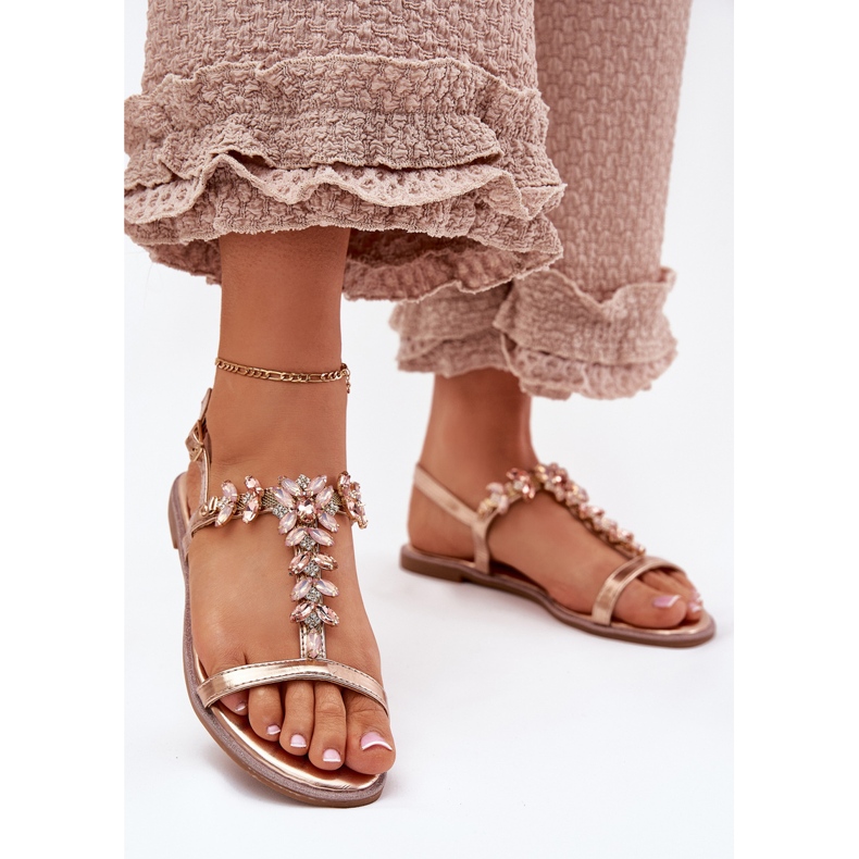 Sandales plates pour femmes avec cristaux rose or doré 2