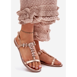 Sandales plates pour femmes avec cristaux rose or d'or 1
