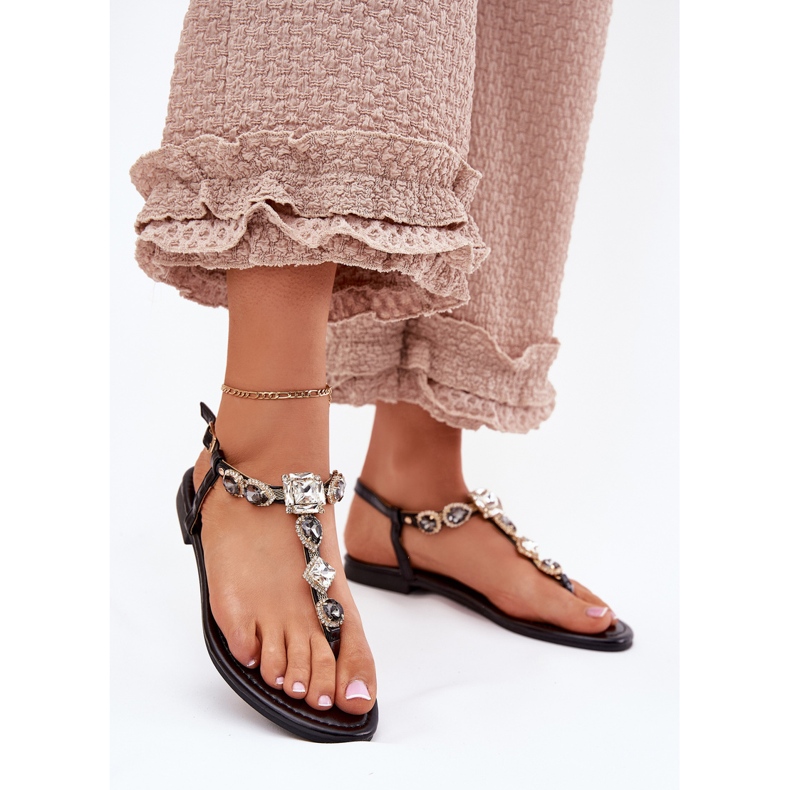 Sandales féminines à thèmes plates avec des cristaux noirs le noir 2