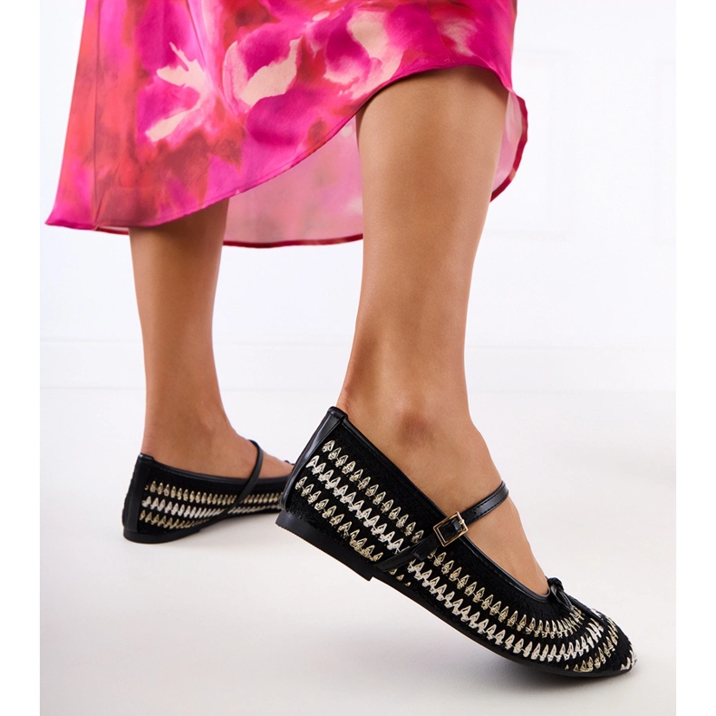 Ballerines de matériau noir avec boucle et arc 1
