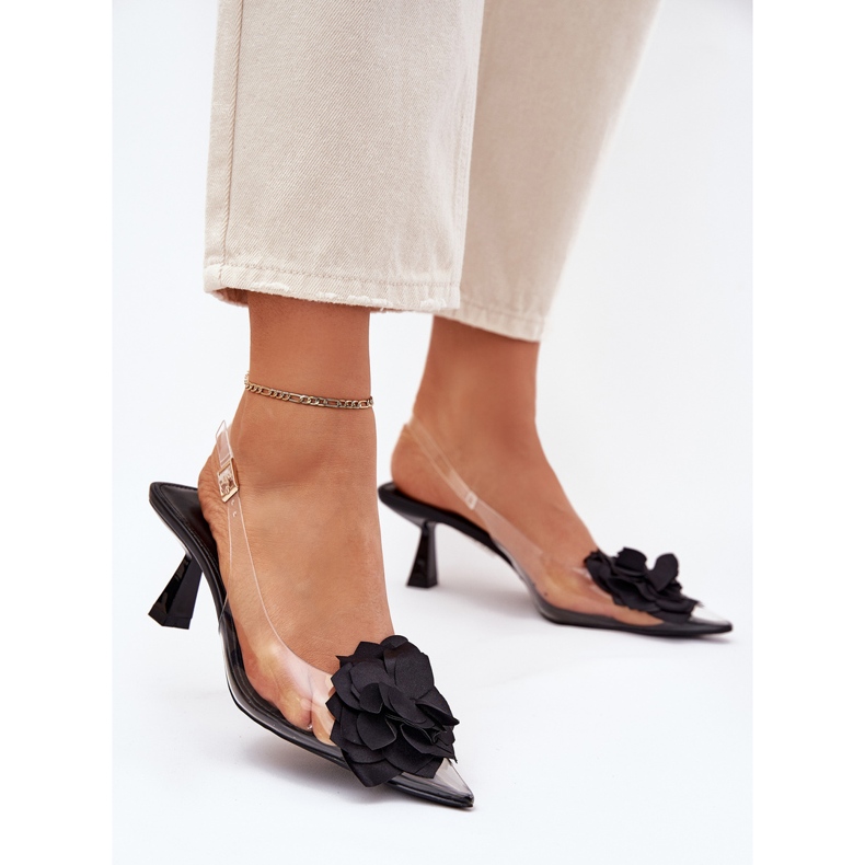 Sandales transparentes sur un talon haut avec une fleur décorative noire le noir 2