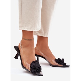 Sandales transparentes sur un talon haut avec une fleur décorative noire 1