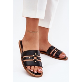 Les tongs plats des femmes avec des détails dorés noirs le noir 2 Les tongs plats des femmes avec des détails dorés noirs le noir 2