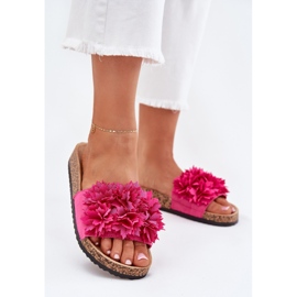 Les tongs des femmes sur une semelle de liège avec des fleurs fuchsia rose 2