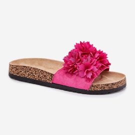 Les tongs des femmes sur une semelle de liège avec des fleurs fuchsia rose 4