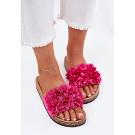 Les tongs des femmes sur une semelle de liège avec des fleurs fuchsia rose 5