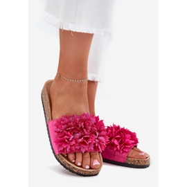 Les tongs des femmes sur une semelle de liège avec des fleurs fuchsia rose 1