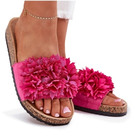 Les tongs des femmes sur une semelle de liège avec des fleurs fuchsia rose 10