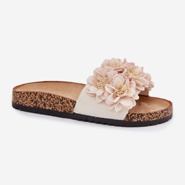 Slippers pour femmes sur une semelle en liège avec des fleurs beige 4