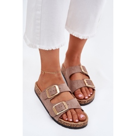 Les tongs des femmes avec des pinces dorées en daim eco beige 6