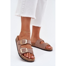 Les tongs des femmes avec des pinces dorées en daim eco beige 3