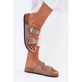 Les tongs des femmes avec des pinces dorées en daim eco beige 7