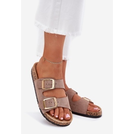Les tongs des femmes avec des pinces dorées en daim eco beige 1