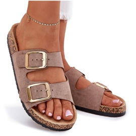Les tongs des femmes avec des pinces dorées en daim eco beige 10