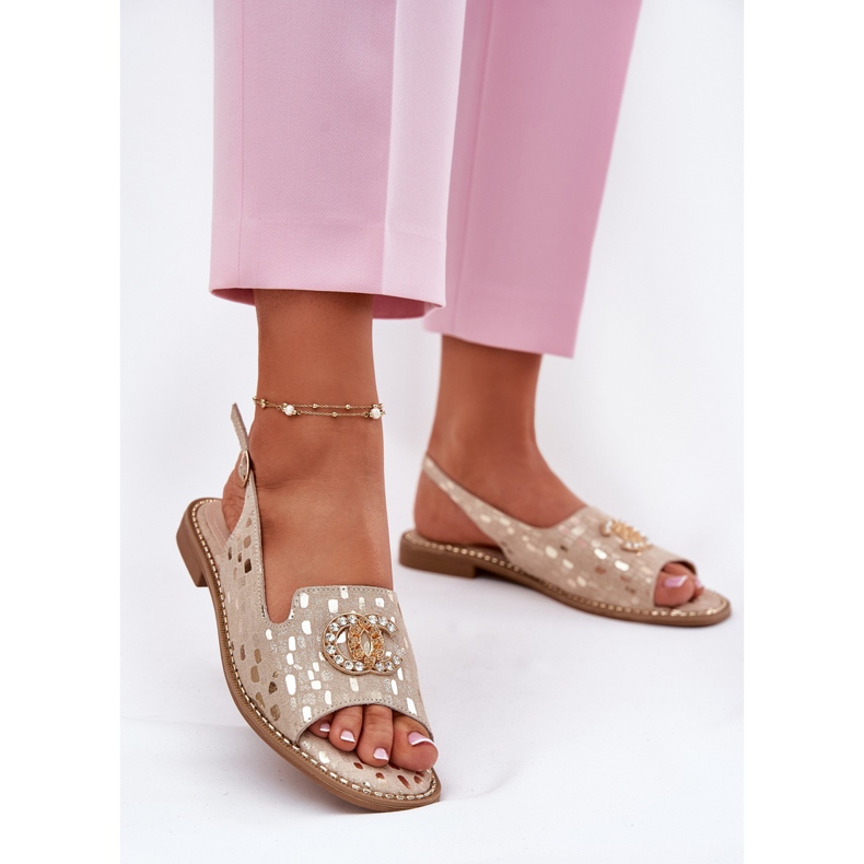 S.Barski Sandales en cuir avec ornement à talons plats doré 2