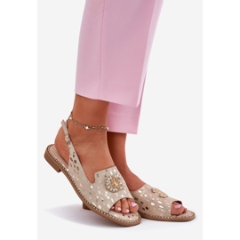 S.Barski Sandales en cuir avec ornement à talons plats doré 1
