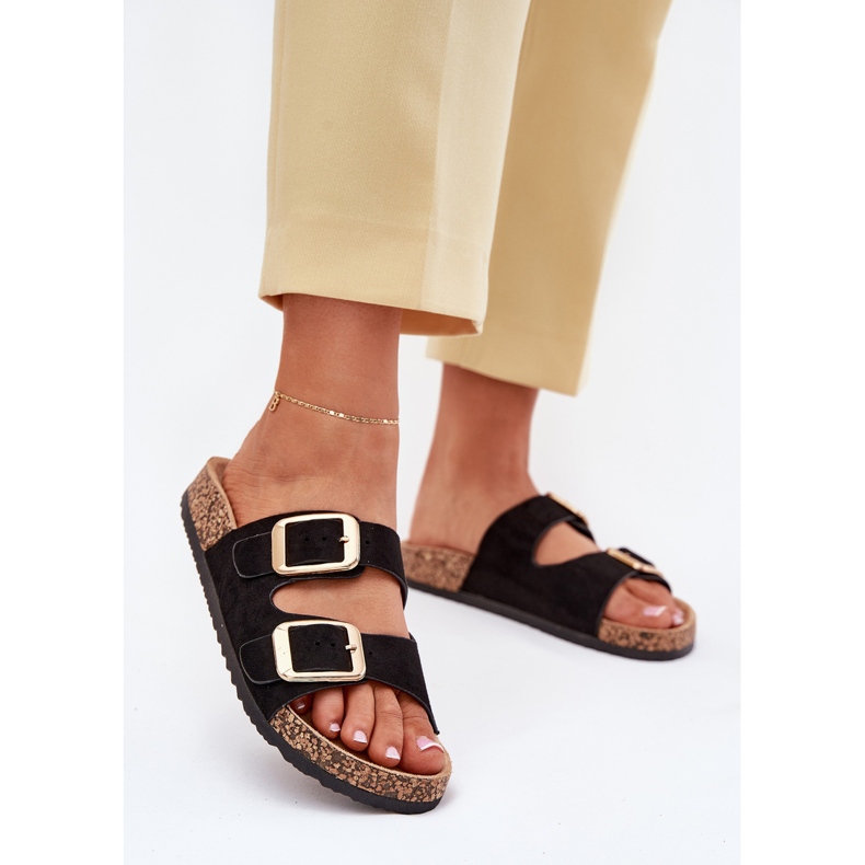 Les tongs des femmes avec des boucles d'or eco en daim le noir 2