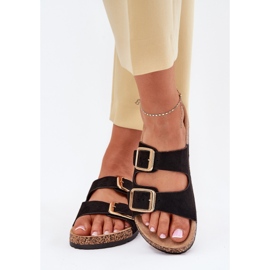 Les tongs des femmes avec des boucles d'or eco en daim le noir 3