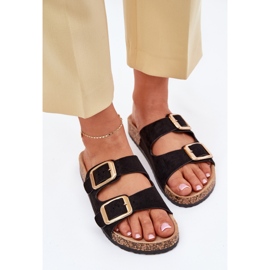 Les tongs des femmes avec des boucles d'or eco en daim le noir 4