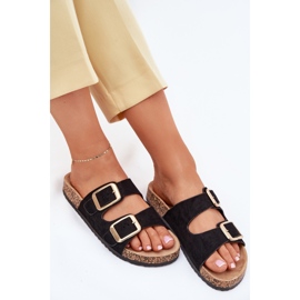 Les tongs des femmes avec des boucles d'or eco en daim le noir 6
