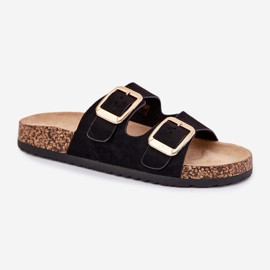 Les tongs des femmes avec des boucles d'or eco en daim le noir 7