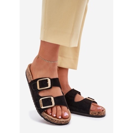 Les tongs des femmes avec des boucles d'or eco en daim le noir 1