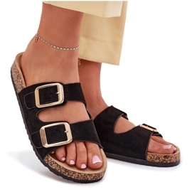 Les tongs des femmes avec des boucles d'or eco en daim le noir 8