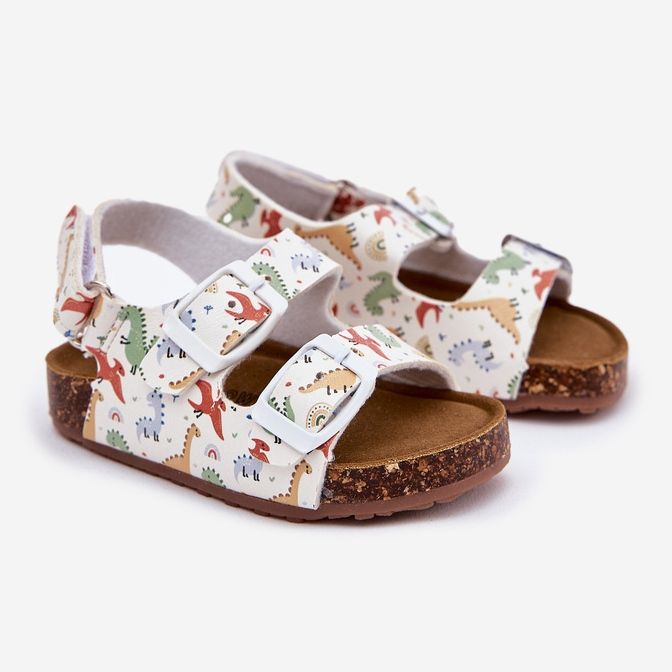Sandales pour enfants sur une semelle en liège avec des dinosaures de boucles multicolores blanche 1