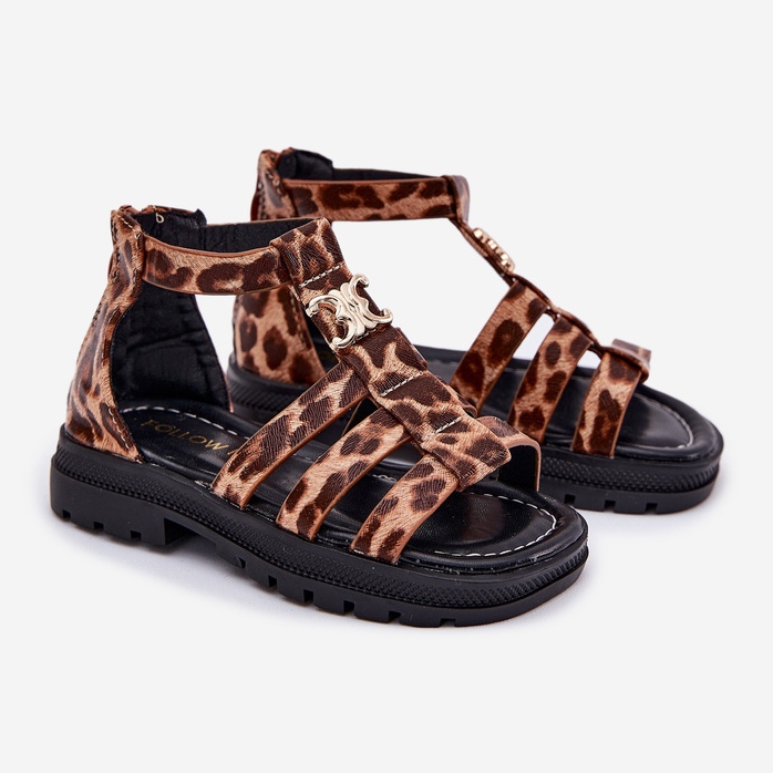 Sandales de gladiateur des filles avec un léopard des détails dorés brun 1