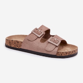 Slippers pour femmes sur une plate-forme en liège avec des boucles sombres beige 4