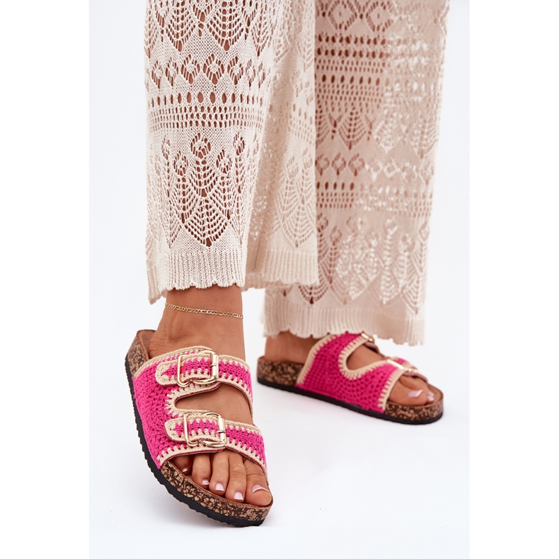 Les tongs des femmes crochet avec des boucles dorées fuchsia rose 2 Les tongs des femmes crochet avec des boucles dorées fuchsia rose 2