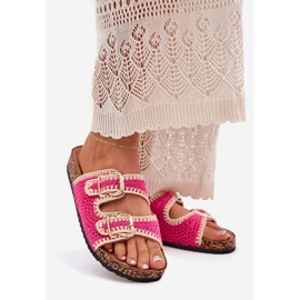 Les tongs des femmes crochet avec des boucles dorées fuchsia rose 1