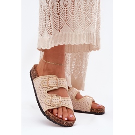 Les tongs des femmes crochet avec des boucles dorées beige 1