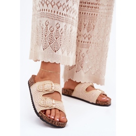 Les tongs des femmes crochet avec des boucles dorées beige 2