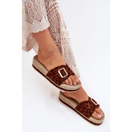 Les tongs pour femmes sur la plate-forme avec une boucle léopard de boucle dorée brun 8