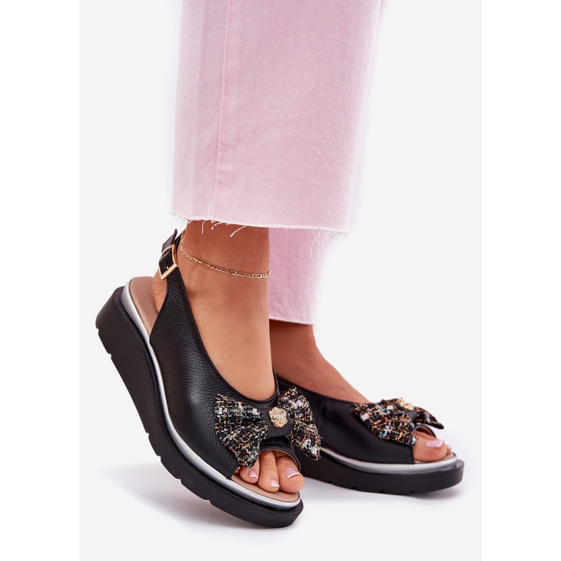 Zazoo Sandales en cuir pour femmes en coin noir 1