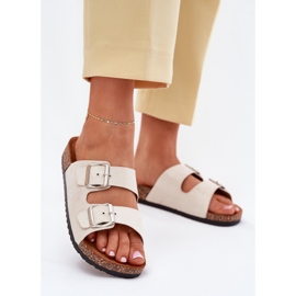 Slippers pour femmes sur une plate-forme en liège avec des boucles beige 2