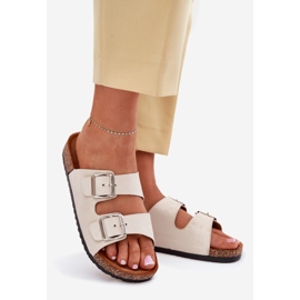 Slippers pour femmes sur une plate-forme en liège avec des boucles beige 1