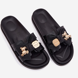 Slippers pour femmes avec un arc et une broche dorée noir 2