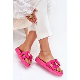 Les tongs pour femmes avec un arc et une broche dorée fuchsia rose 5
