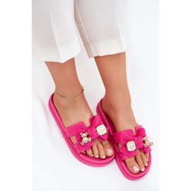 Les tongs pour femmes avec un arc et une broche dorée fuchsia rose 7