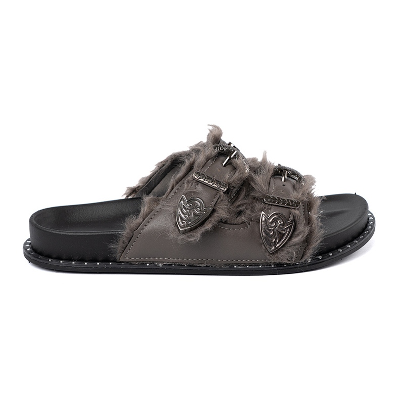 Shelvt Les tongs gris avec de la fourrure et des goujons 1