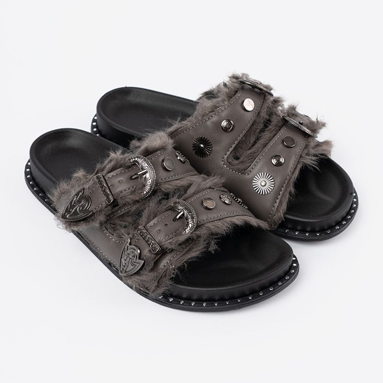 Shelvt Les tongs gris avec de la fourrure et des goujons 2